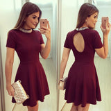 Burgundy High Neck Short Sleeve Keyhole Back Beaded Homecoming Dress,Party Dress SH148