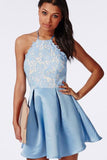 Light Blue Halter Short Prom Dress,Tie Back Appliques Cheap Homecoming Dress,Party Dress