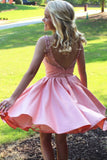 Pink Sheer Beading Short Prom Dress,Open Back Stain Cheap Homecoming Dress,Party Dress SH150