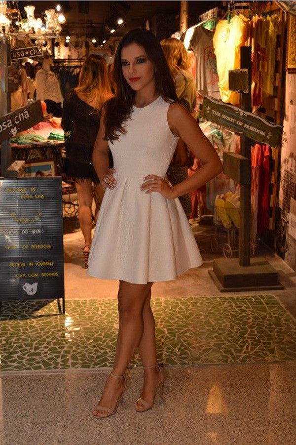 White Round Neck Short Prom Dress,Sleeveless Stain Cheap Homecoming Dress,Party Dress