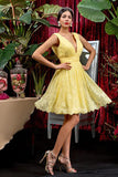 Yellow Deep V Neck Short Prom Dress,Sleeveless Lace Appliques Cheap Homecoming Dress,Party Dress