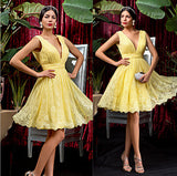 Yellow Deep V Neck Sleeveless Lace Appliques Cheap Homecoming Dress,Party Dress SH153