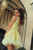 Yellow Sheer V Back Short Prom Dress,Layers Lace Appliques Cheap Homecoming Dress,Party Dress SH154