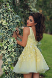 Yellow Sheer V Back Short Prom Dress,Layers Lace Appliques Cheap Homecoming Dress,Party Dress SH154