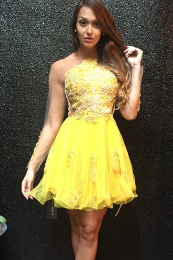 Yellow Sheer V Back Short Prom Dress,Layers Lace Appliques Cheap Homecoming Dress,Party Dress