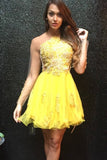 Yellow Sheer V Back Short Prom Dress,Layers Lace Appliques Cheap Homecoming Dress,Party Dress