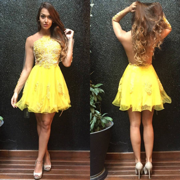 Yellow Sheer Back Short Prom Dress,Long Sleeve Appliques Cheap Homecoming Dress,Party Dress SH155