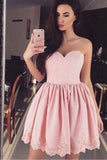 Pink Sweetheart Strapless Short Prom Dress,Sleeveless Appliques Cheap Homecoming Dress,Party Dress