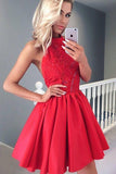 Red Halter Short Prom Dress,Open Back Appliques Homecoming Dress,Party Dress SH164