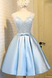 Light Blue V Neck Short Prom Dress,V Back Appliques Homecoming Dress,Party Dress SH165
