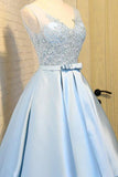 Light Blue V Neck Short Prom Dress,V Back Appliques Homecoming Dress,Party Dress SH165
