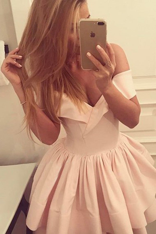 Light Pink Deep V Neck Short Prom Dress,Off Shoulder Ball Gown Homecoming Dress,Party Dress SH166