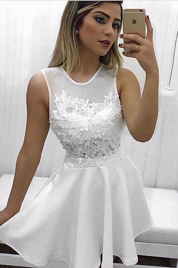 White Boat Short Prom Dress,Sheer Back Appliques Homecoming Dress,Party Dress