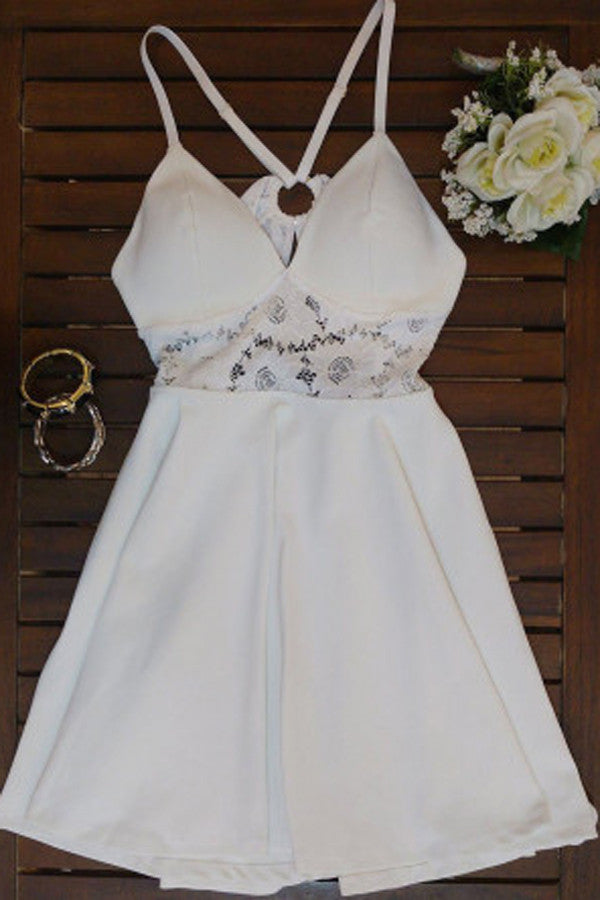 White V Neck Short Prom Dress,Spaghetti Strap X Back Hollow Homecoming Dress,Party Dress