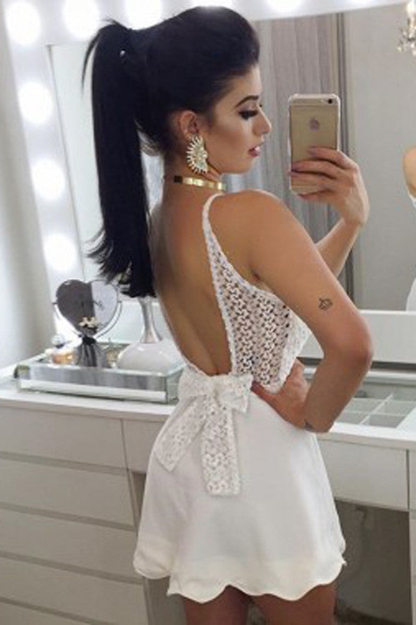 White Deep V Neck Spaghetti Strap Short Prom Dress,Open Back Bowknot Homecoming Dress,Party Dress