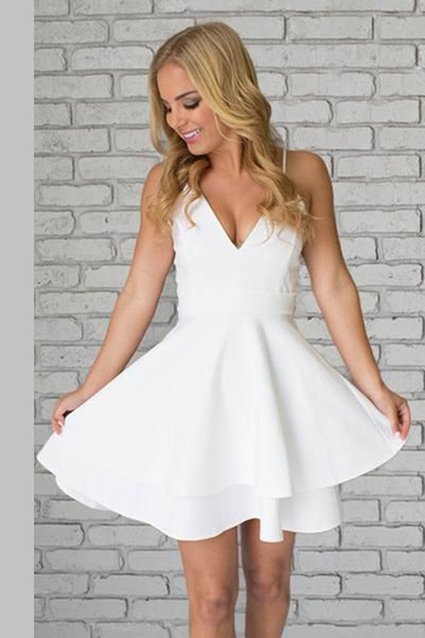 White Deep V Neck Short Prom Dress,Spaghetti Strap Hollow Back Homecoming Dress,Party Dress