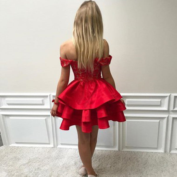 Red Off Shoulder Short Prom Dress,Sweetheart Appliques Cheap Homecoming Dress,Party Dress SH179