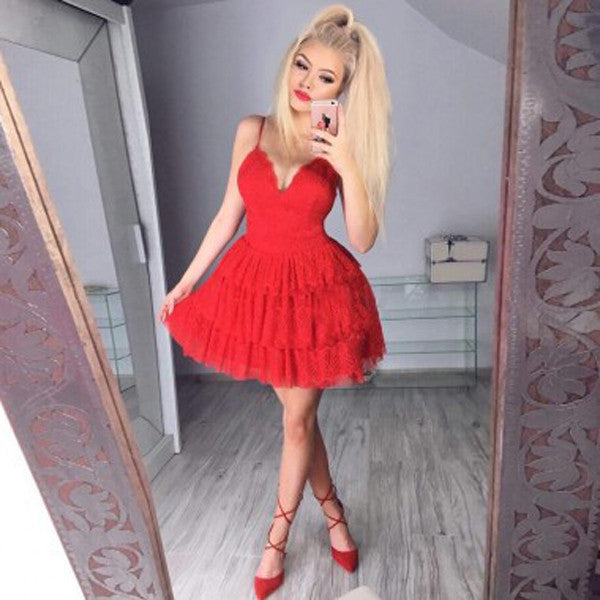 Red Deep V Neck Short Prom Dress,Spaghetti Straps Ruffles Cheap Homecoming Dress,Party Dress SH180