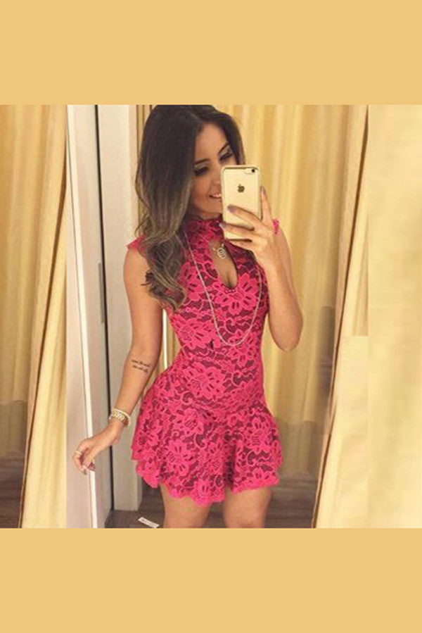 Sexy High Neck Bodycon Short Prom Dress,Keyhole Back Appliques Cheap Homecoming Dress,Party Dress