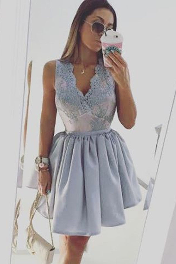 Light Lavender Puff Short Prom Dress,Deep V Neck Appliques Cheap Homecoming Dress,Party Dress