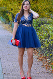 Dark Blue Deep V Neck Short Sleeve Appliques Sheer Homecoming Dress,Party Dress SH184