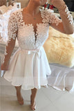 White Deep V Neck Long Sleeve Short Prom Dress,Pearl Beaded Keyhole Back Appliques Sheer Cheap Homecoming Dress 