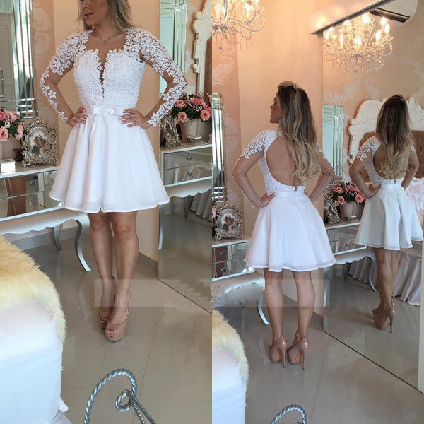 White V Neck Long Sleeve Pearl Beaded Keyhole Back Appliques Homecoming Dress SH185