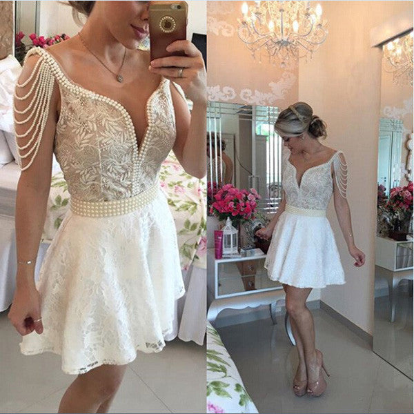 White Deep V Neck Pearl Beaded Open Back Appliques Sheer Homecoming Dress SH186