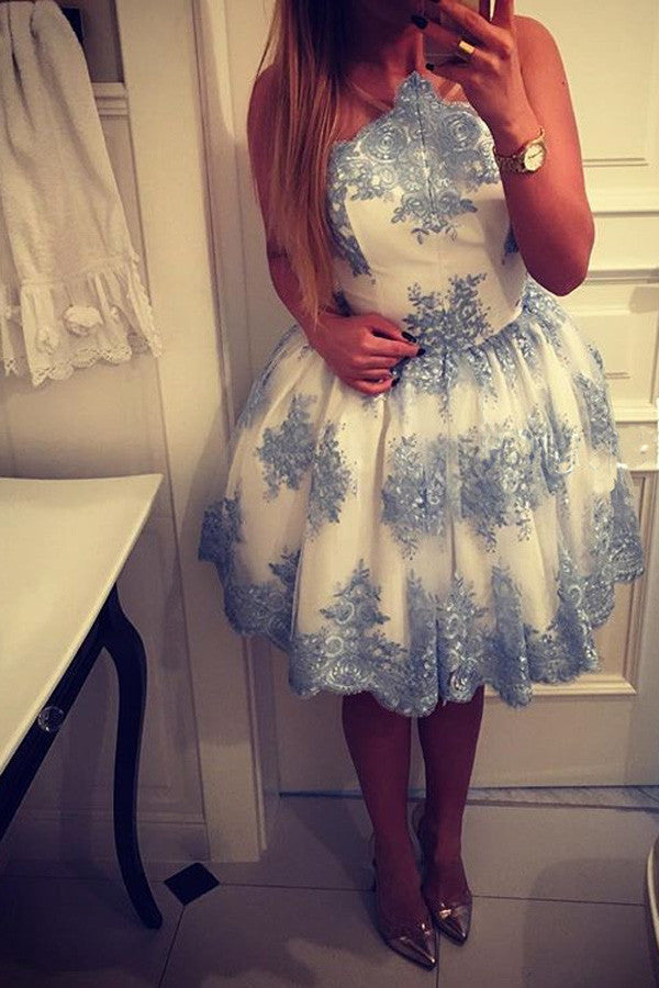 White Round Neck Sleeveless Short Prom Dress,Sheer Back Blue Appliques Cheap Homecoming Dress