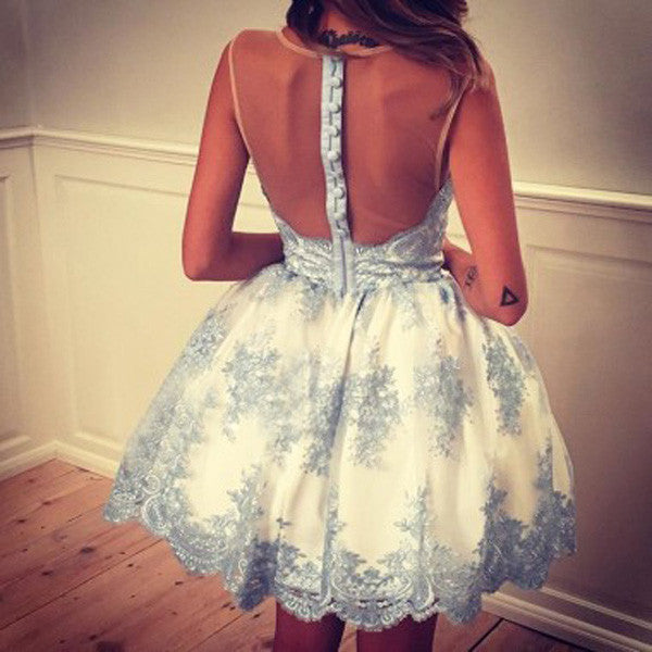 White Round Neck Sleeveless Short Prom Dress,Sheer Back Blue Appliques Cheap Homecoming Dress SH187