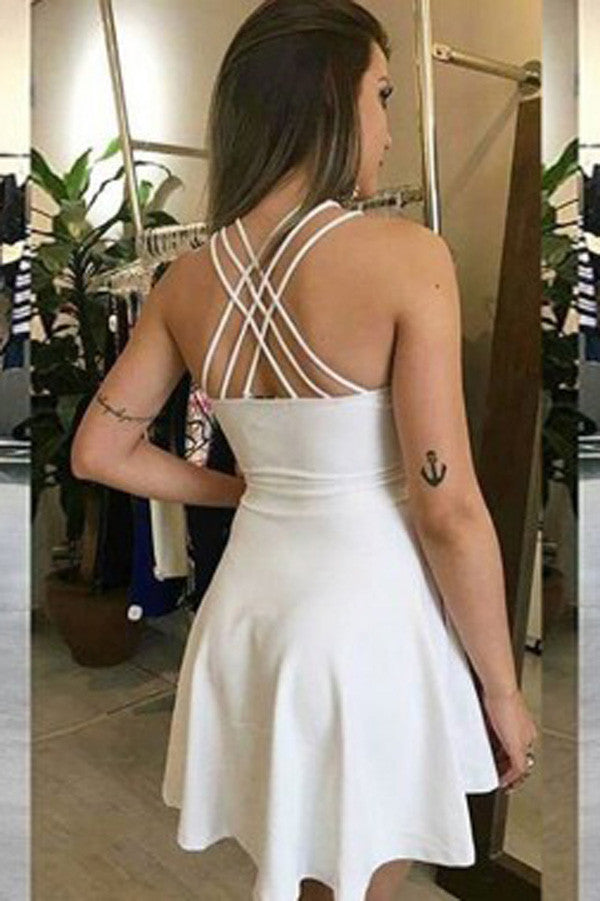 White Halter Strapless Straight Short Prom Dress,Tie Back Cheap Homecoming Dress SH188