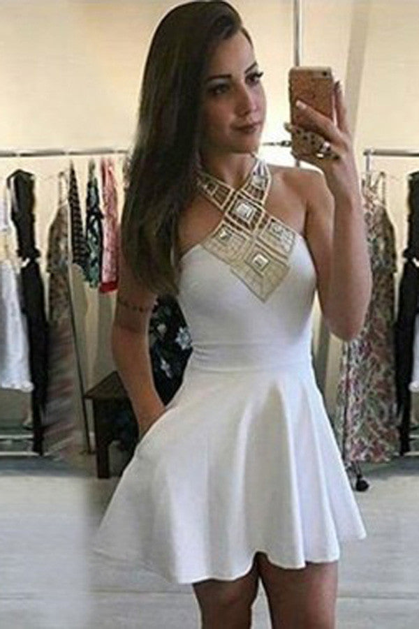 White Halter Strapless Straight Short Prom Dress,Tie Back Cheap Homecoming Dress
