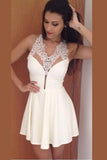 White Lace Appliques Halter Short Prom Dress,Strapless Sheer Cheap Homecoming Dress