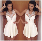 White Lace Appliques Halter Short Prom Dress,Strapless Sheer Cheap Homecoming Dress SH189