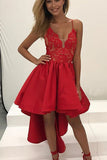 Hot Red Deep V Neck Short Prom Dress,Spaghetti High Low Hollow Cheap Homecoming Dress,Party Dress