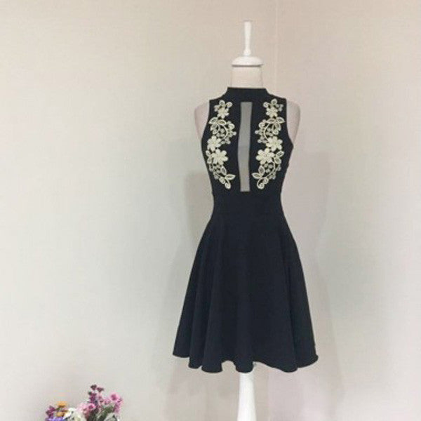 Black High Neck Short Prom Dress,Sleeveless Appliques Sheer Cheap Homecoming Dress,Party Dress SH195