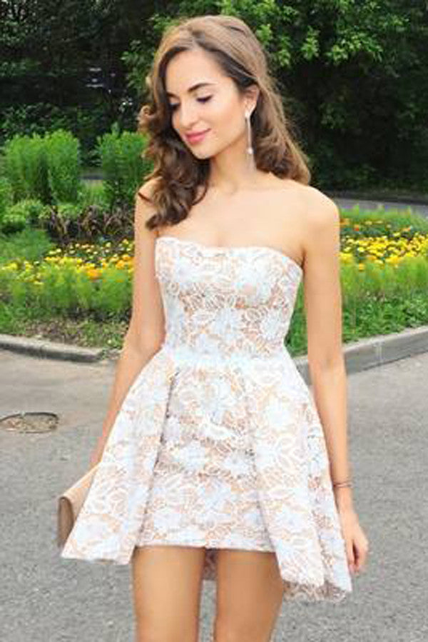 Elegant Strapless White Lace Short Homecoming Dress,Prom Dress Short – Simidress