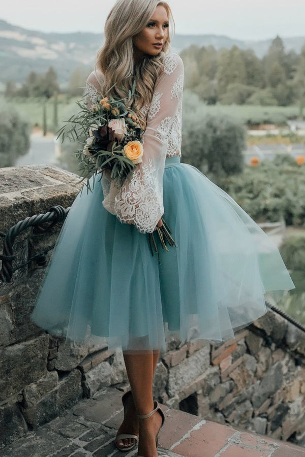 White Lace Two-Piece Long Sleeves Homecoming Dresses with Tutu Skirt – Simidress