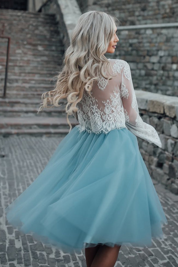 White Lace Two-Piece Long Sleeves Homecoming Dresses with Tutu Skirt Simidress White Lace Two-Piece Long Sleeves Homecoming Dresses with Tutu Skirt Simidress