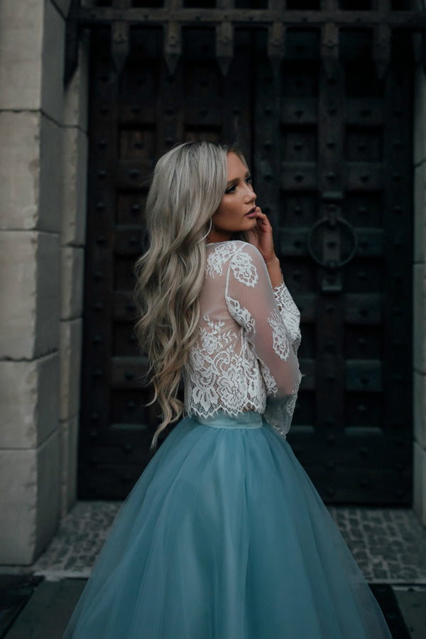 White Lace Two-Piece Long Sleeves Homecoming Dresses with Tutu Skirt Simidress White Lace Two-Piece Long Sleeves Homecoming Dresses with Tutu Skirt Simidress