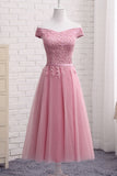 Gorgeous Pink A Line Lace Off Shoulder Prom Dress, Cheap evening dresses, SH208