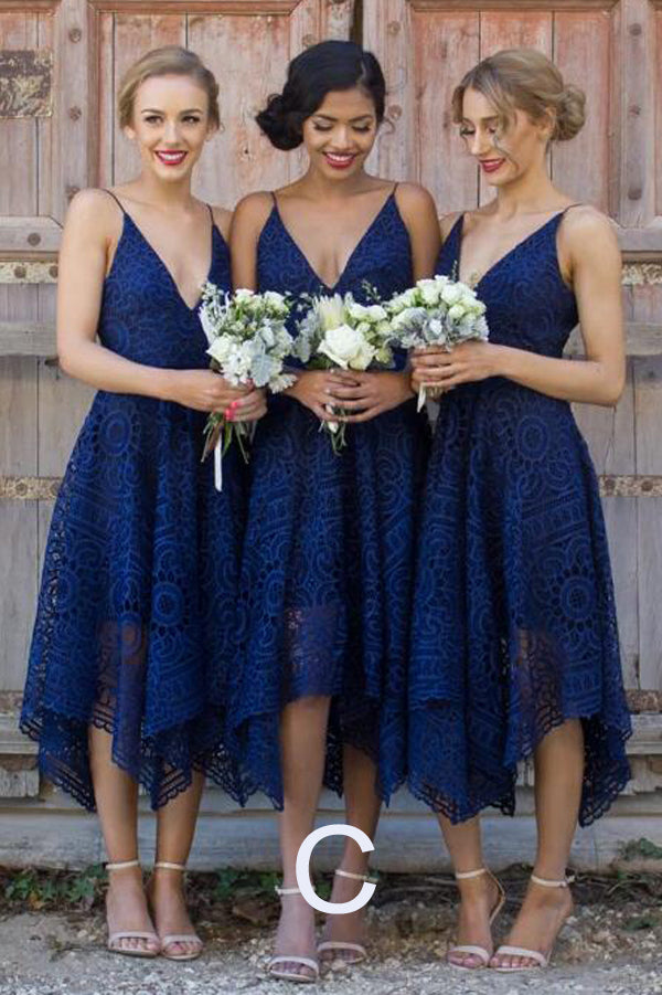 Royal Blue Straps V Neck Lace Bridesmaid Dress, Cheap Homecoming Dress, SH209