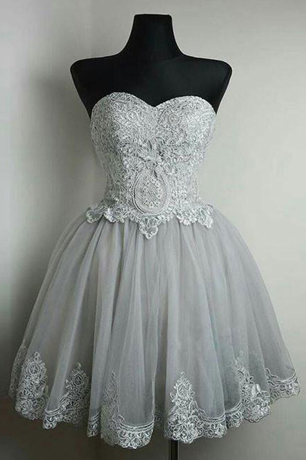 Grey Sweetheart Neck Strapless Homecoming Dresses with Lace Applique, SH214