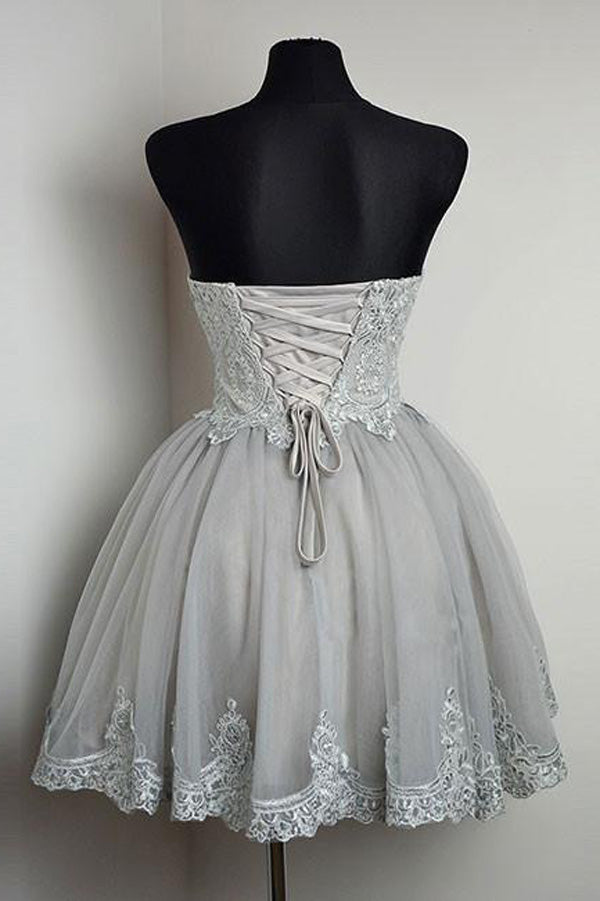 Grey Sweetheart Neck Strapless Homecoming Dresses with Lace Applique, SH214