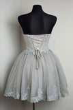 Grey Sweetheart Neck Strapless Homecoming Dresses with Lace Applique, SH214