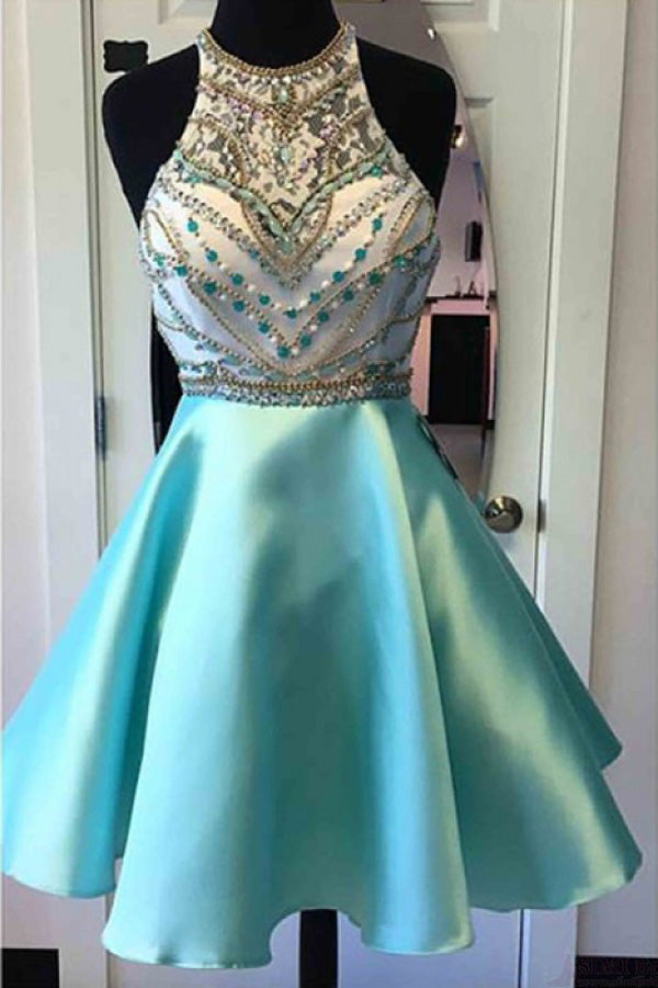 Halter Knee Length Homecoming Dresses Graduation Dresses with Beading, SH216