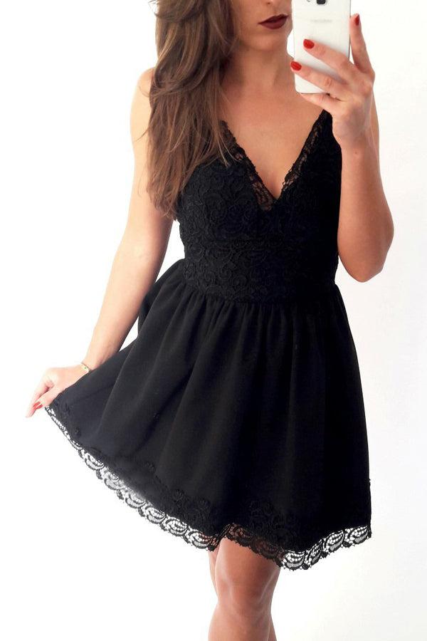 Black A-line Homecoming Dress,Deep V Neck Lace Short Prom Dress,