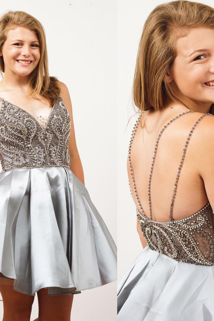 Silver Homecoming Dress with Beading, Straps Short Prom Dress, SH222
