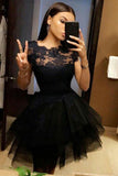 Black Short Sleeve Homecoming Dress,Lace Appliques Short Prom Dress,