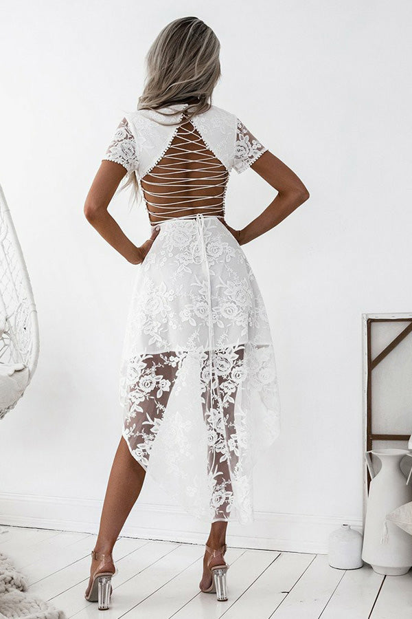 White Short Sleeve Homecoming Dress,High Low Open Back Short Prom Dress, SH226
